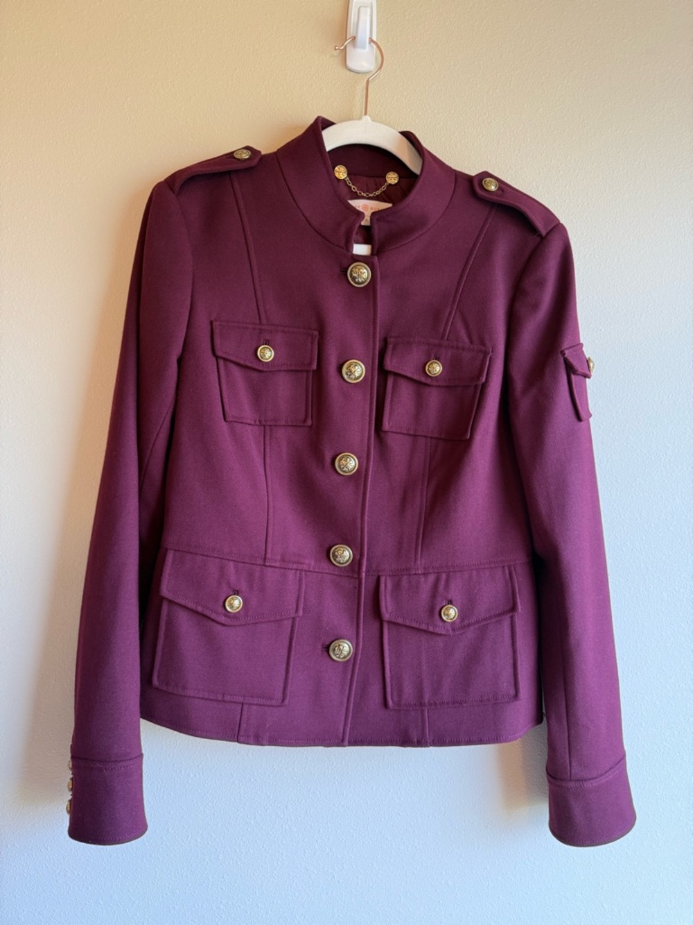 Tory Burch Plum Military-Style Blazer with Gold Buttons